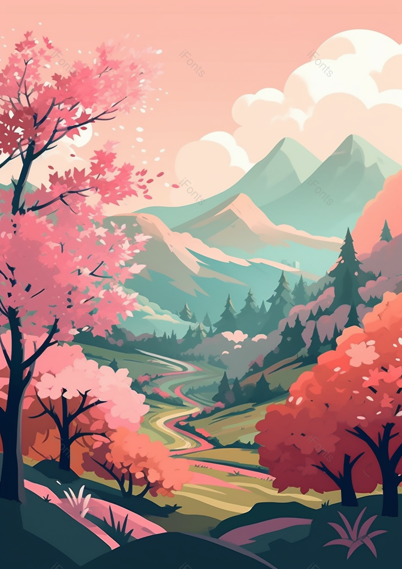 春天绿色的草地和开满粉色花朵的树,插画/手绘图,插画/手绘图库,插画/手绘图下载,插画/手绘